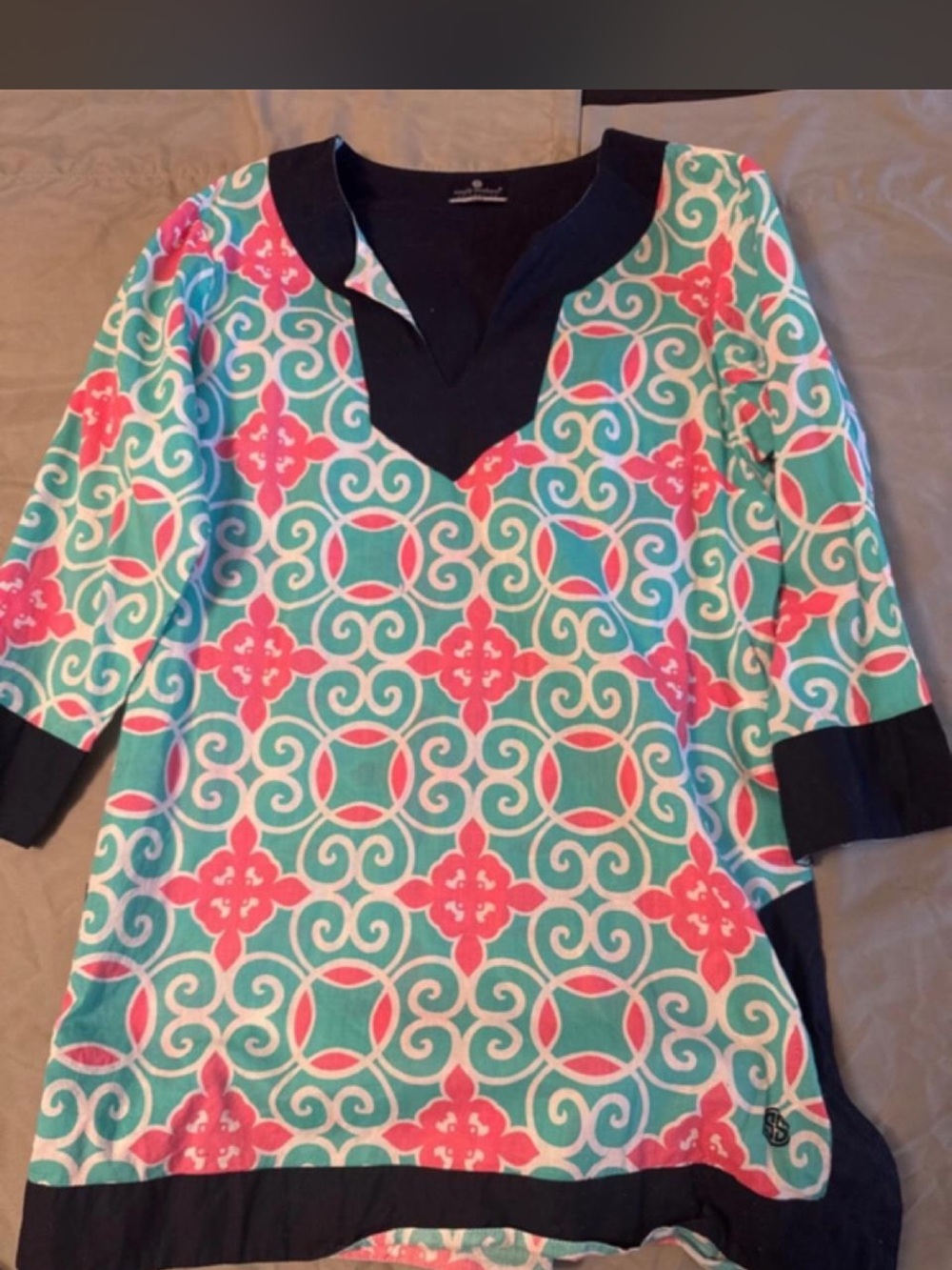 Simply Southern Teal & Coral Geometric V-Neck Tunic with Black Trim